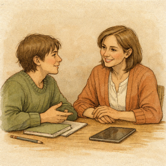 Un élève discute avec un enseignant